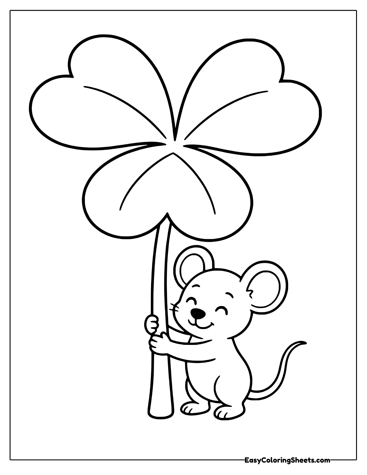 Happy little mouse hugging the stem of a giant three leaf shamrock