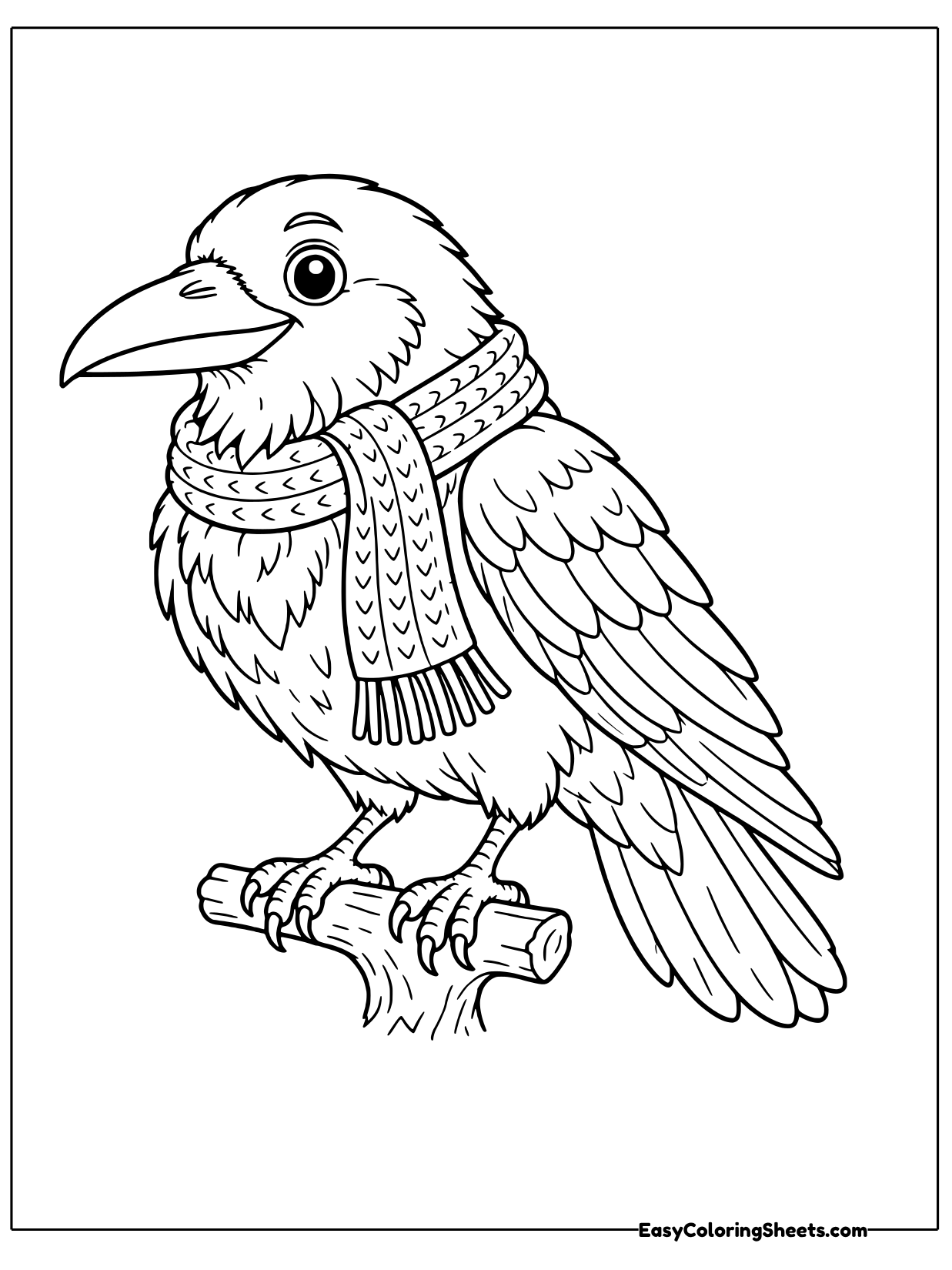 A raven sits on a branch wearing a cozy knitted scarf wrapped around its neck.