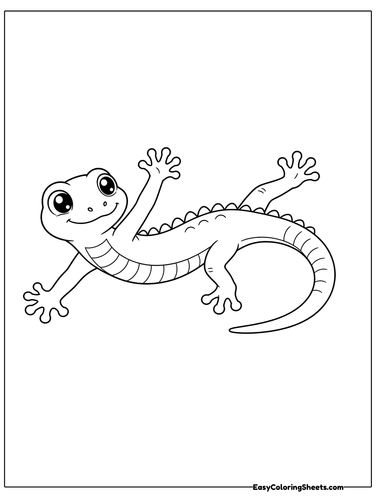 A spotted lizard lies stretched on a diagonal with all four legs splayed out and its tail long behind it.
