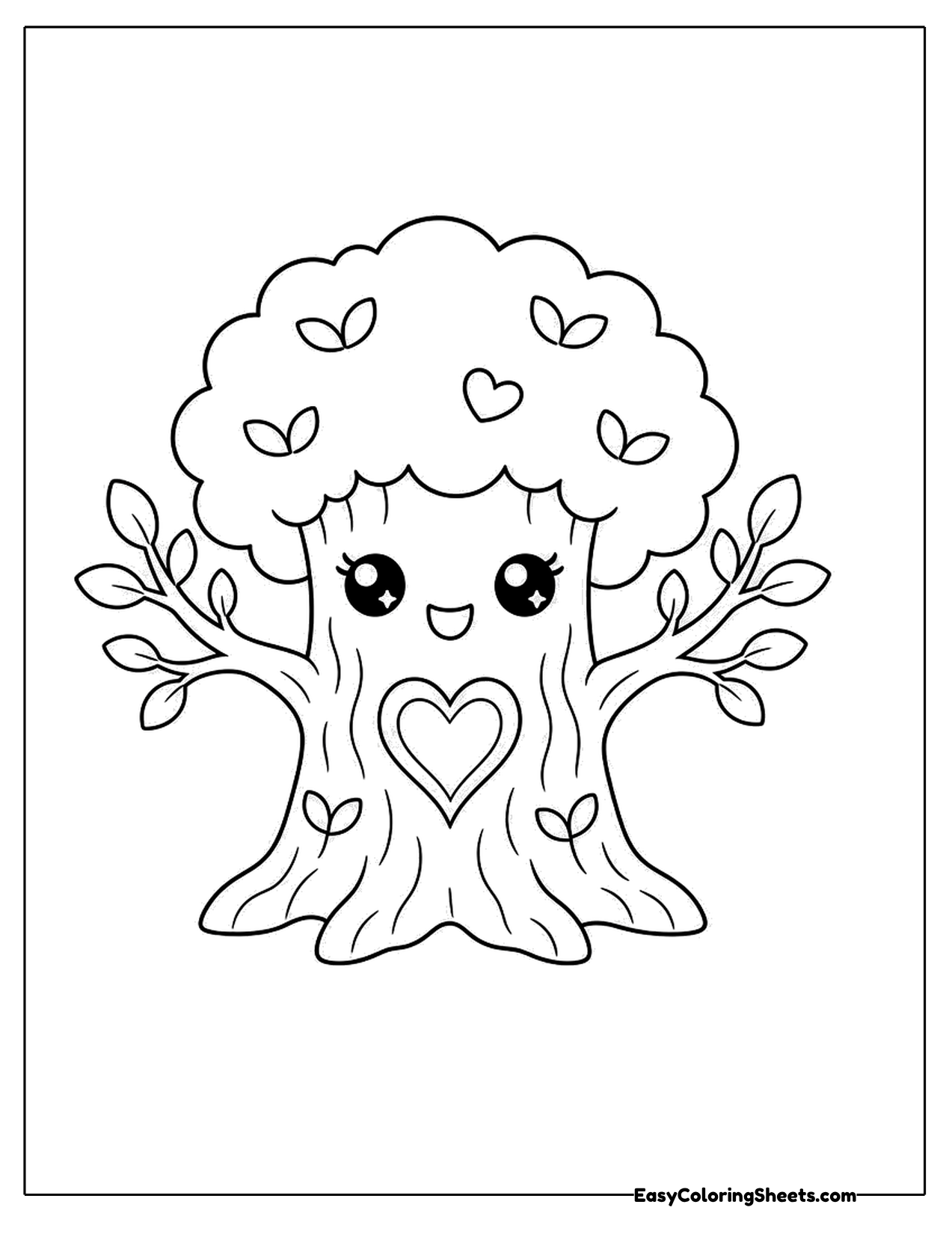 Smiling tree character with leafy crown and a heart on its trunk