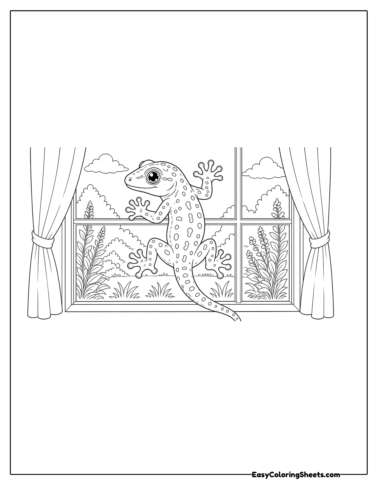 Gecko climbing a window with a garden view and curtains