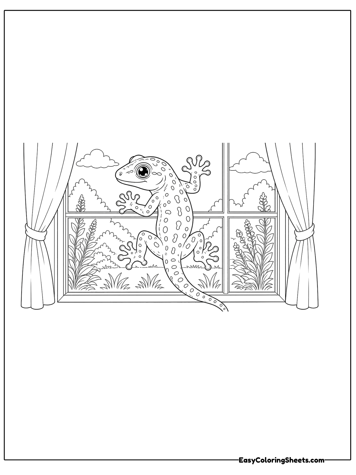 A gecko clings to a window pane framed by curtains, with plants and hills visible outside.