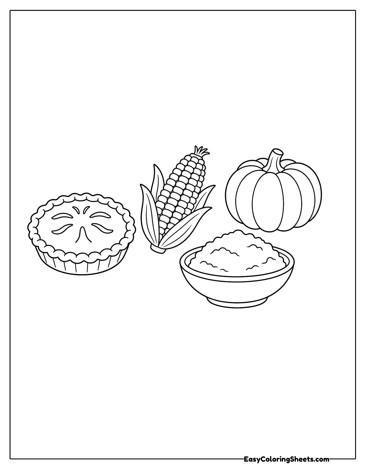 Pie, ear of corn, pumpkin and bowl of mashed potatoes in a row