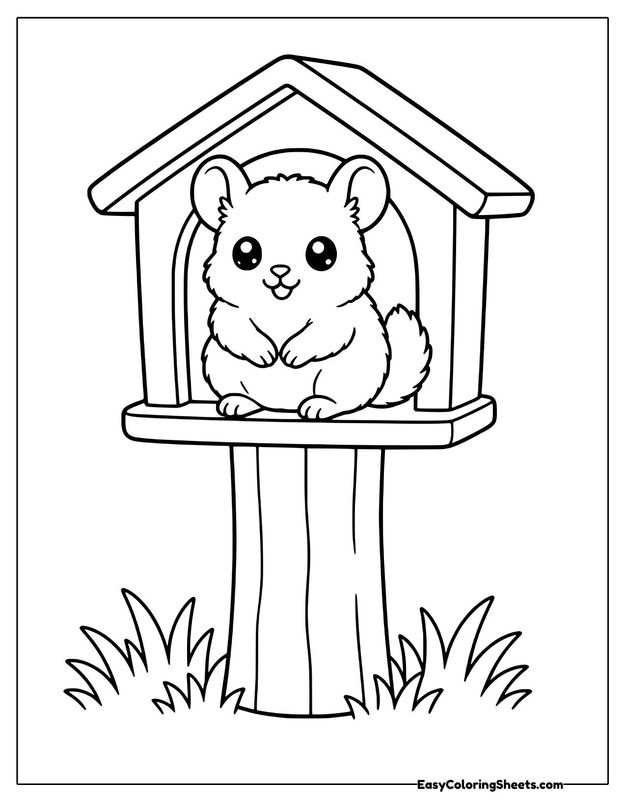 Chinchilla peeking from a wooden birdhouse