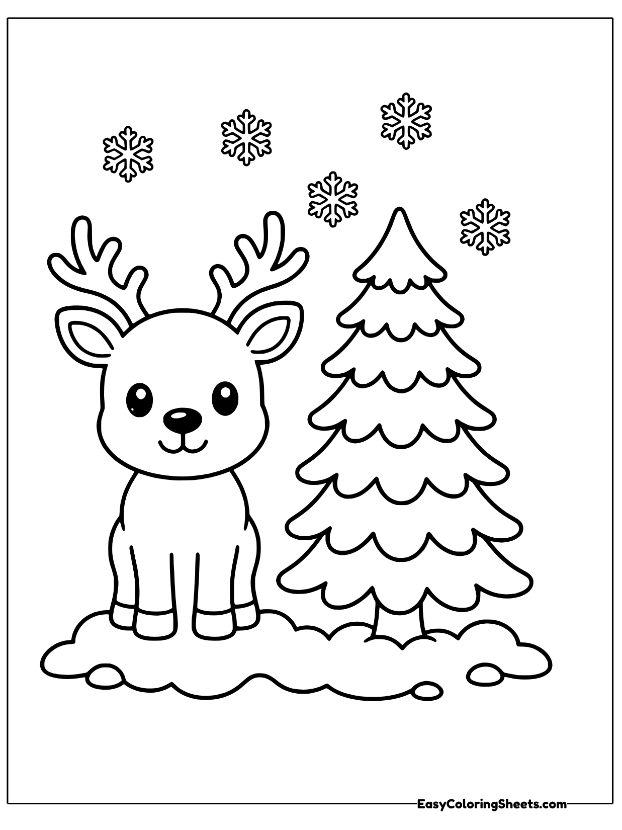A little reindeer sits beside a tall pine tree as snowflakes fall around them.
