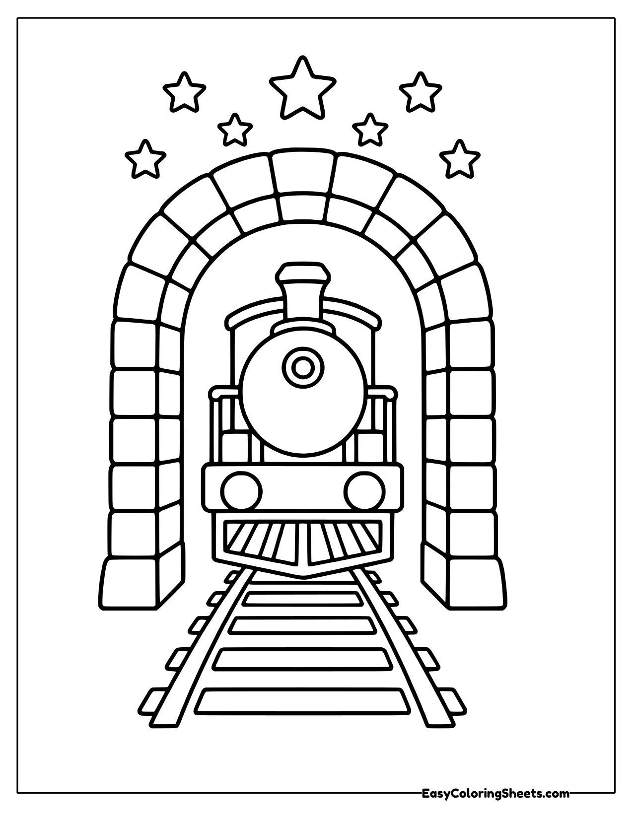 Locomotive emerging from a tall brick tunnel
