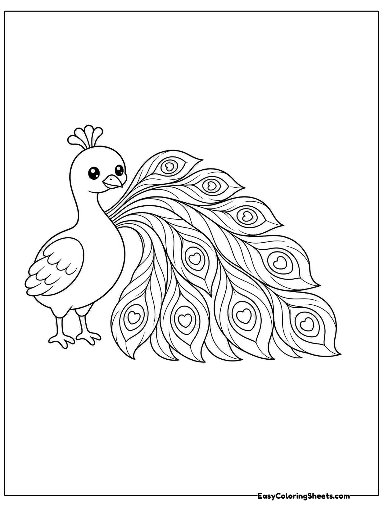 A simple peacock in side view has a crest, a long neck and a trailing tail with eye spots.