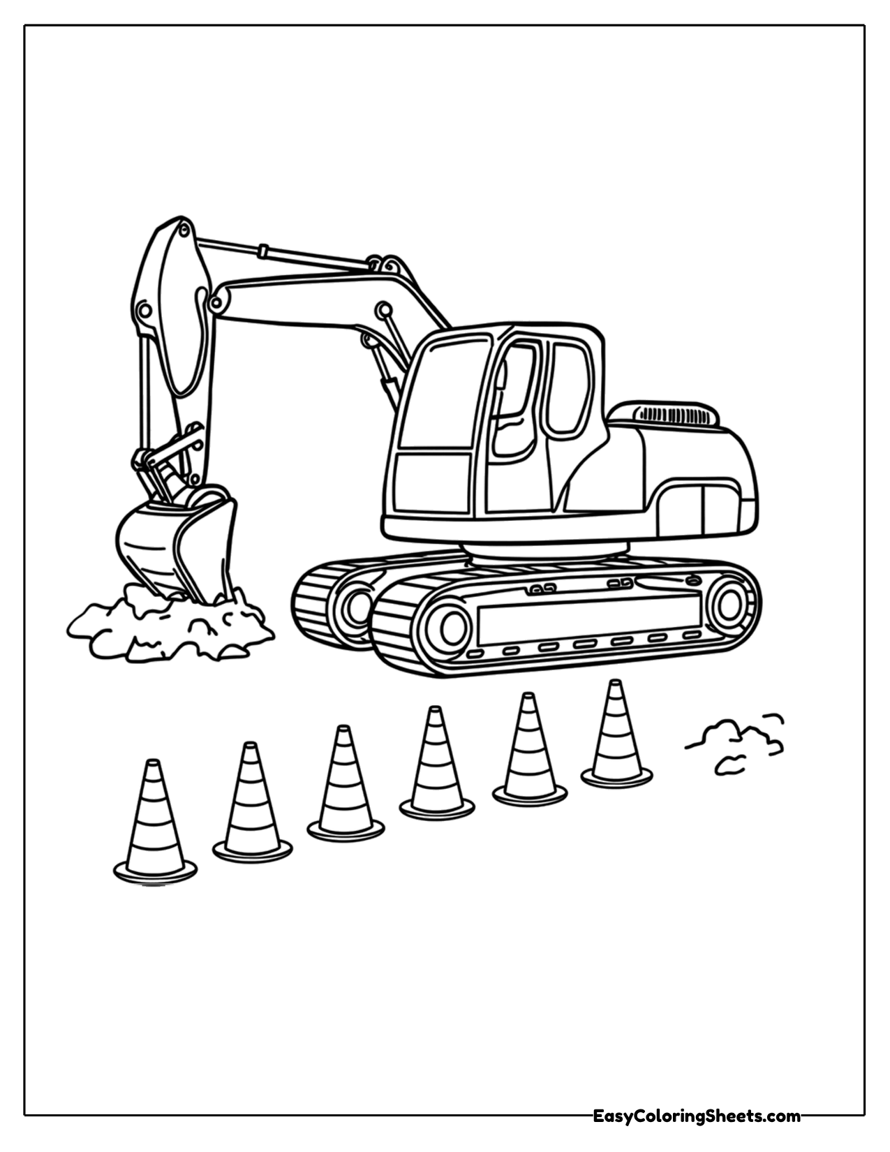 Excavator with a row of traffic cones