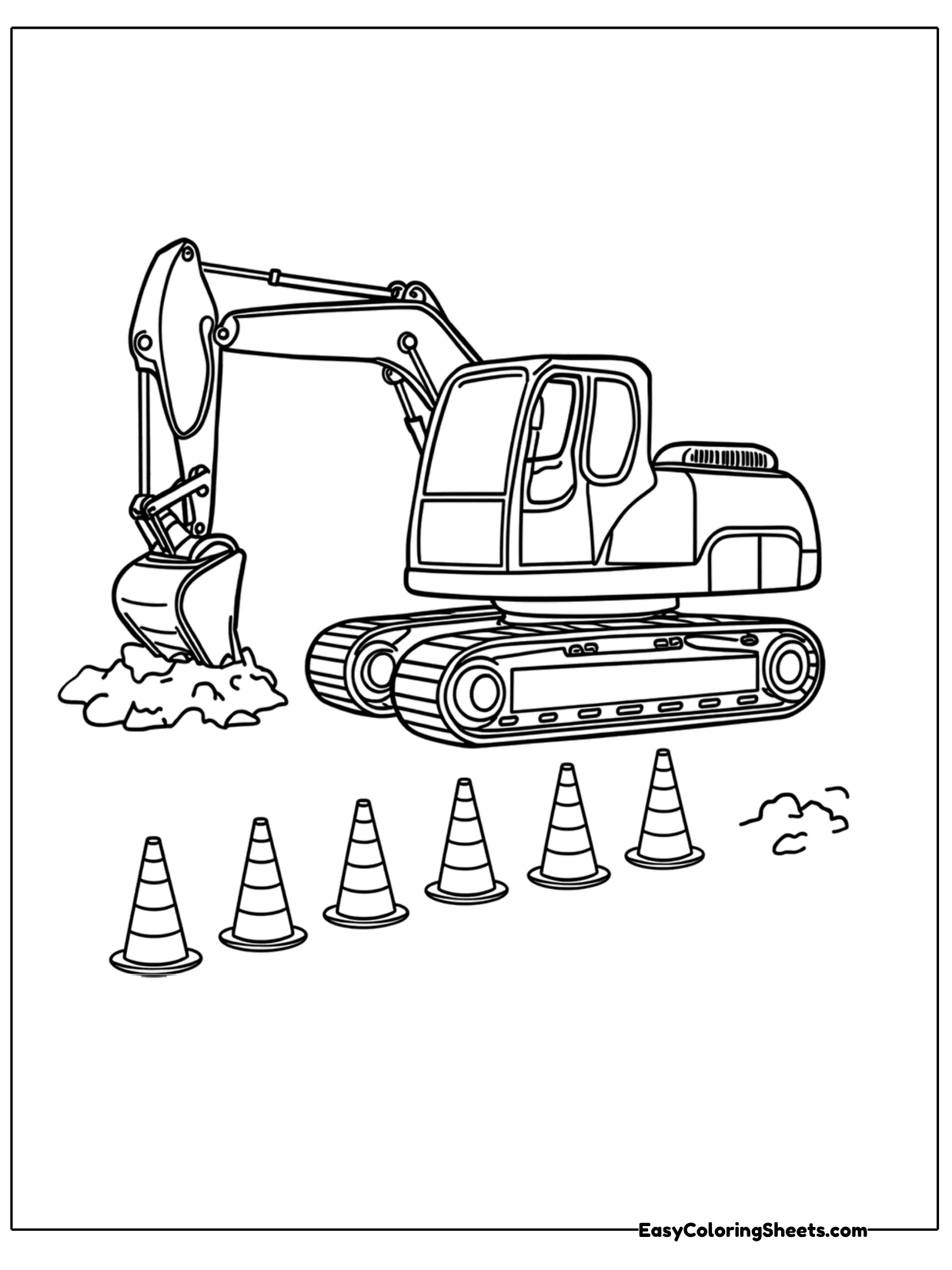 An excavator sits on a work site behind a neat row of traffic cones.