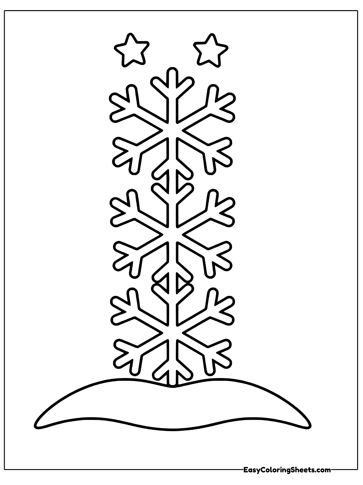 Several snowflakes stack in a tall column rising from a snowy hill, with two stars twinkling at the top.