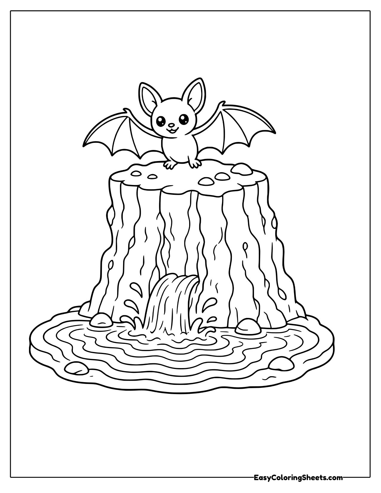 Bat flying above a waterfall ledge