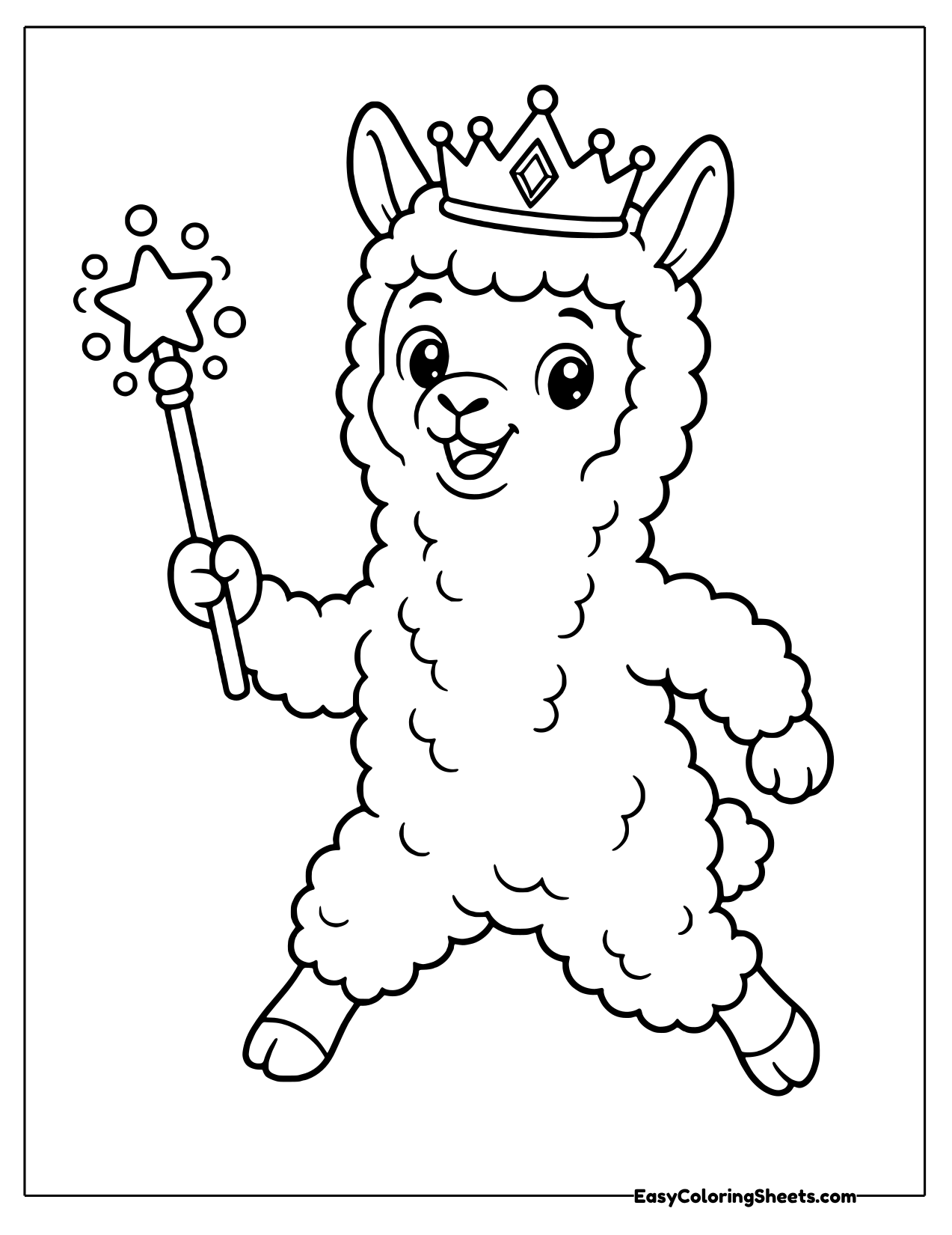 Alpaca in a crown skipping and waving a star wand