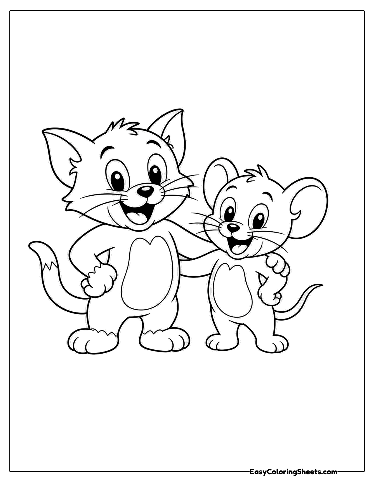 Cartoon cat and mouse standing together as friends
