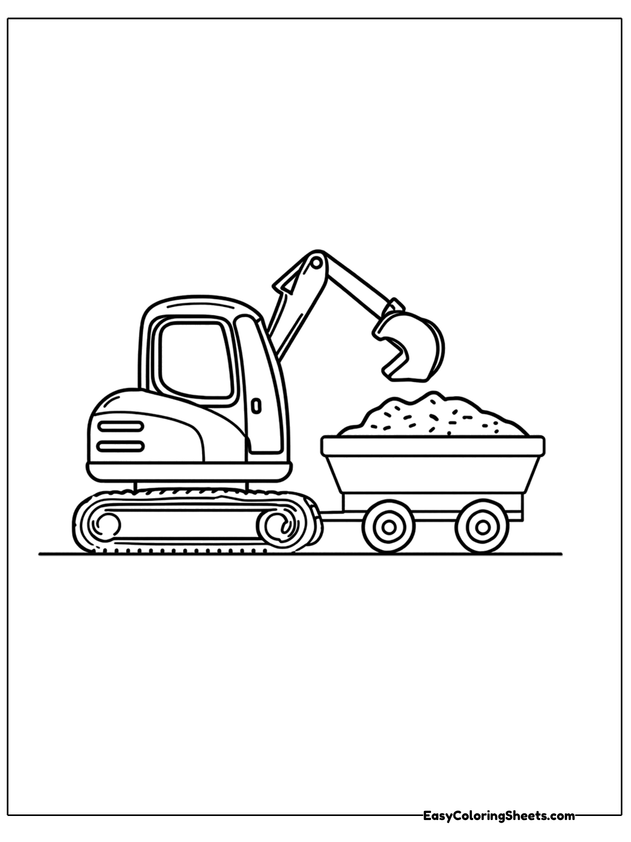 A mini excavator loads dirt into a small dump trailer hitched behind it.