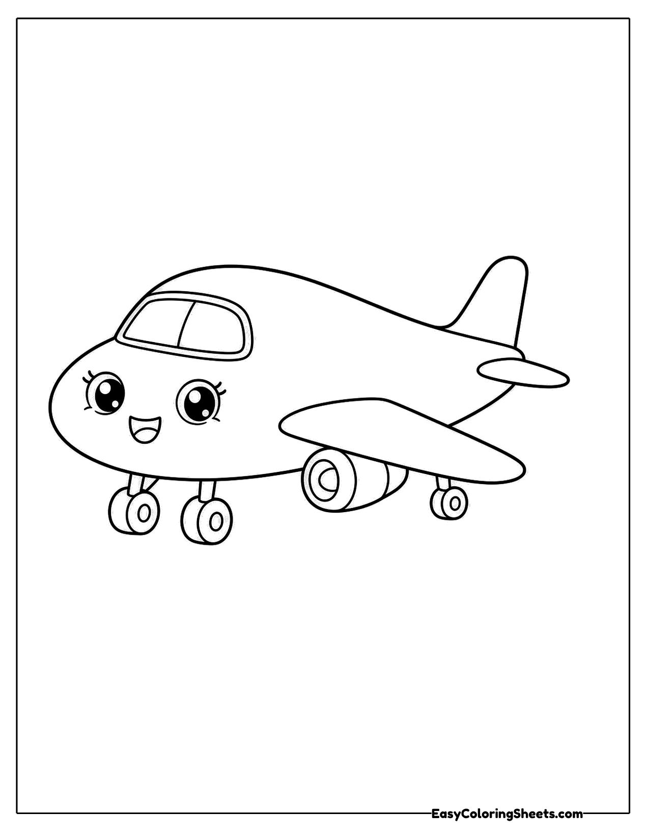 Happy plane with big shiny eyes and wheels down