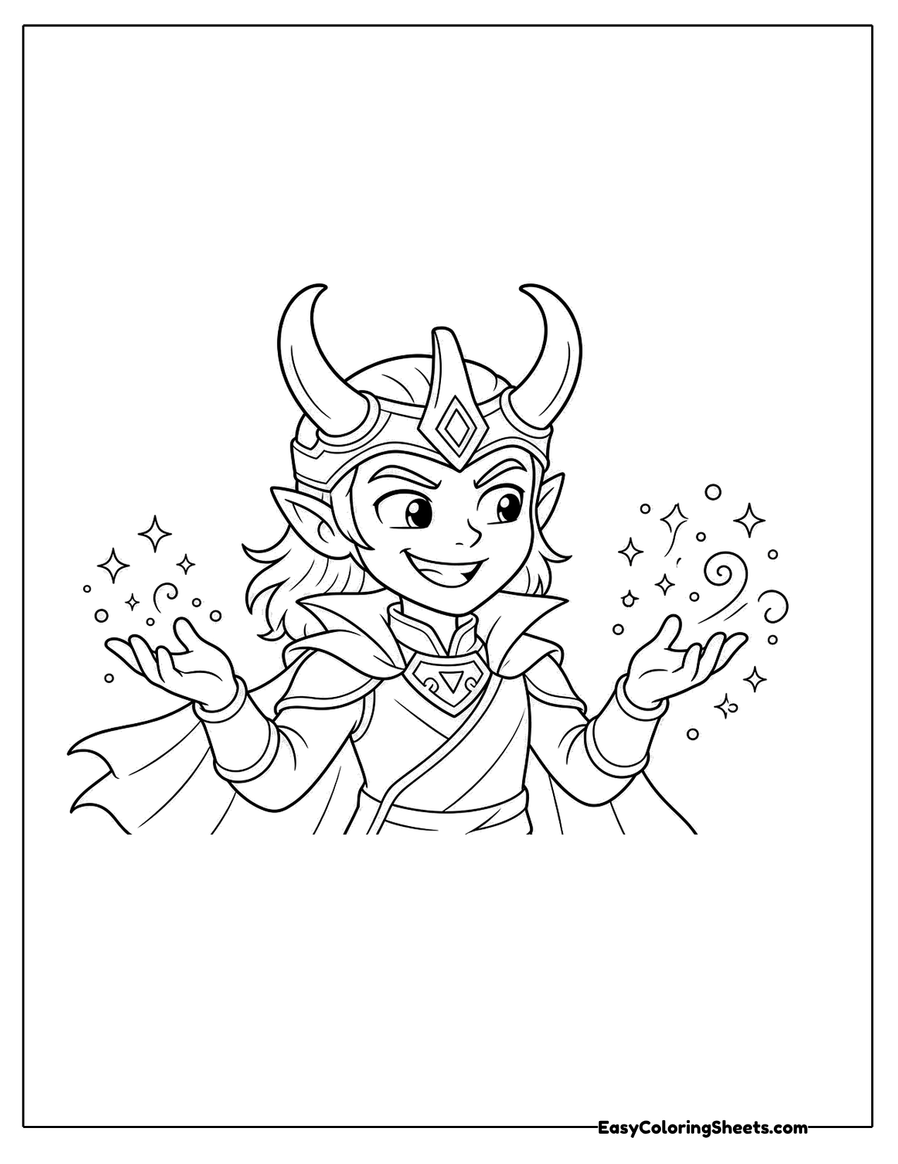 Young trickster in a horned helmet casting sparkles