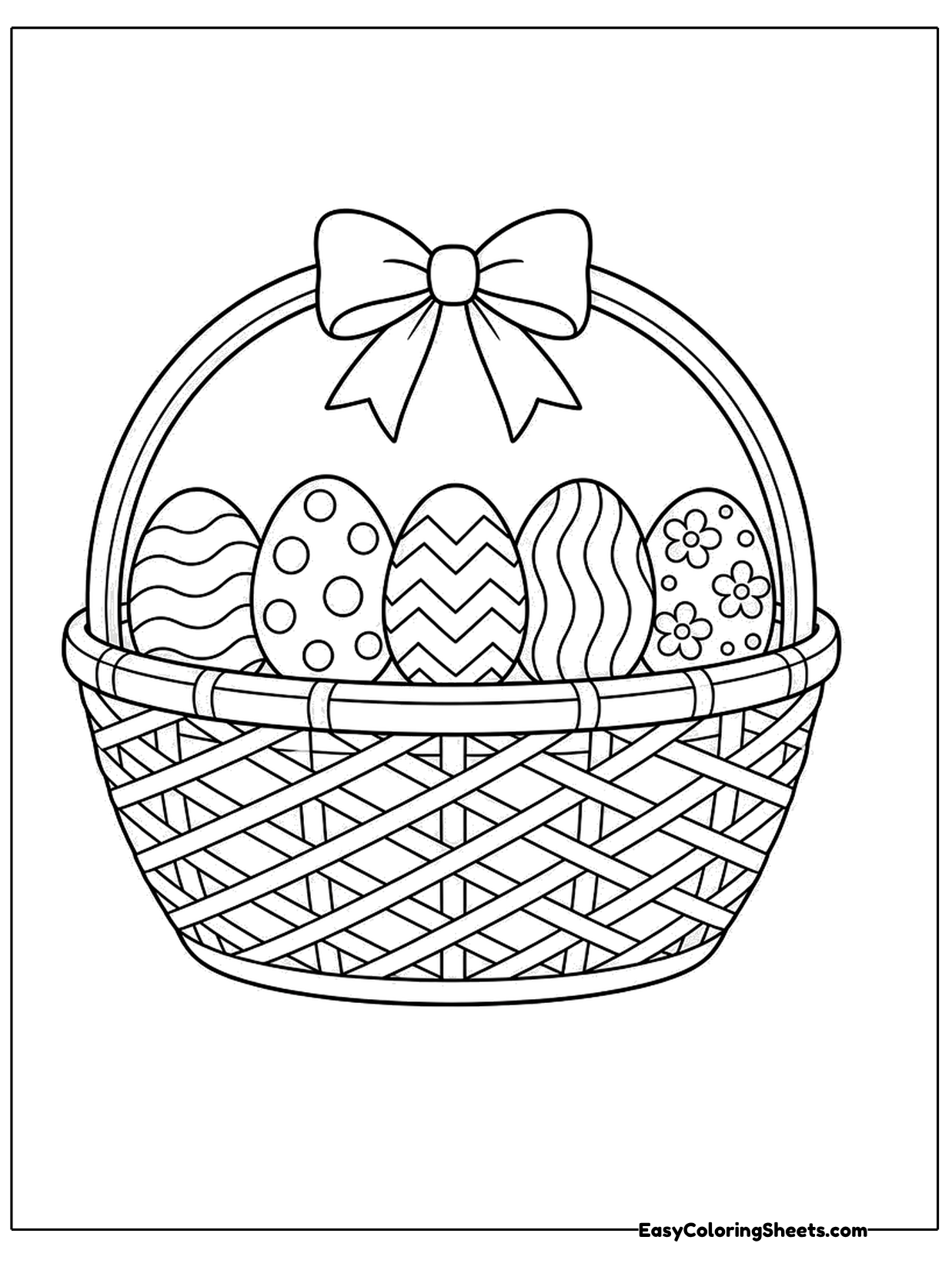 A woven basket with a bow on its handle is filled with eggs in zigzag and striped patterns.