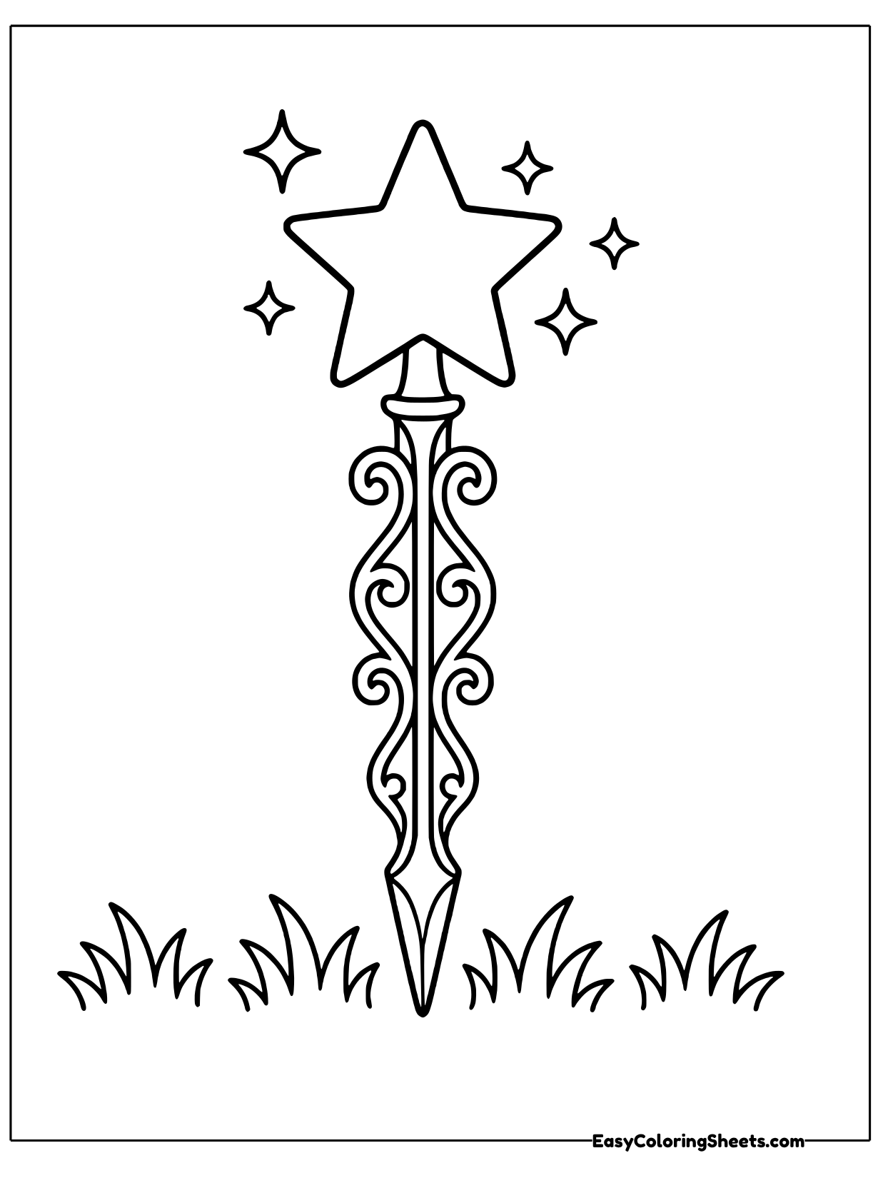 A decorative garden stake with a star on top and a twisting pattern down its stem stands in the grass.