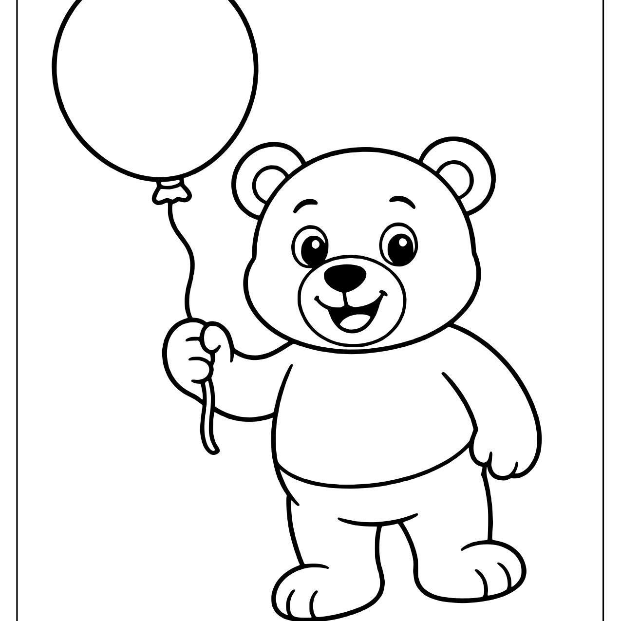 Smiling cartoon teddy bear standing and holding a round balloon on a string