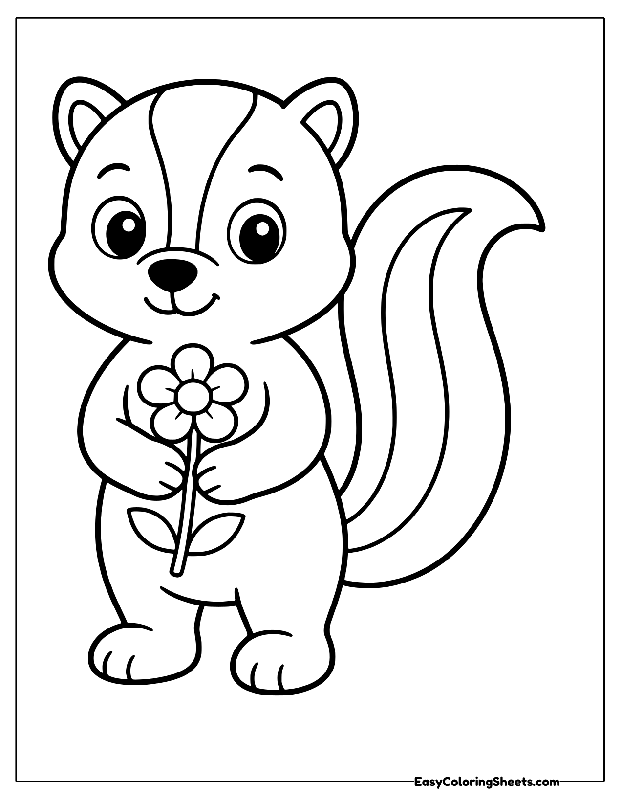 Standing skunk with a raised striped tail holding a daisy