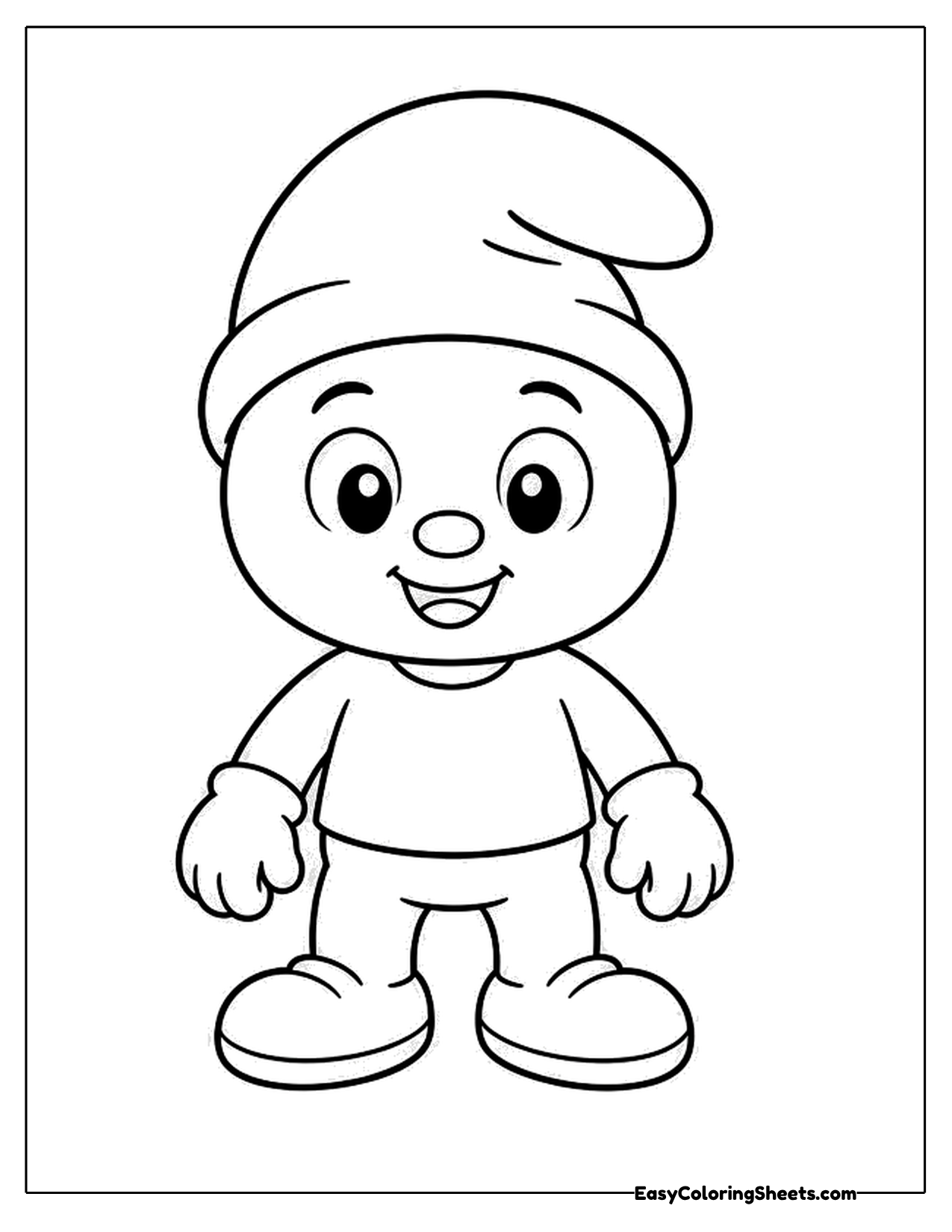 Smiling cartoon kid in a floppy cap and sneakers