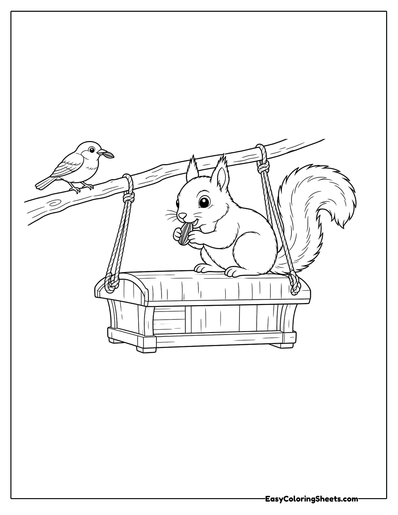 Squirrel sitting on a hanging bird feeder