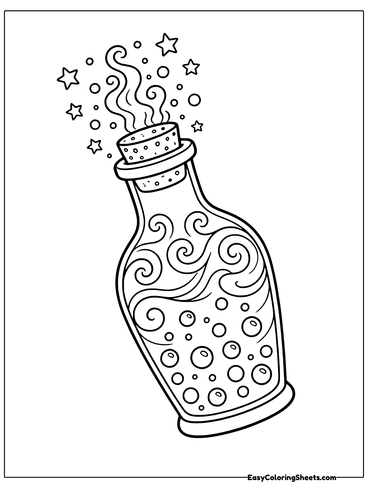 A curvy potion bottle with a cork stopper is filled with bubbles and swirls, while stars and dots fizz out of the top.