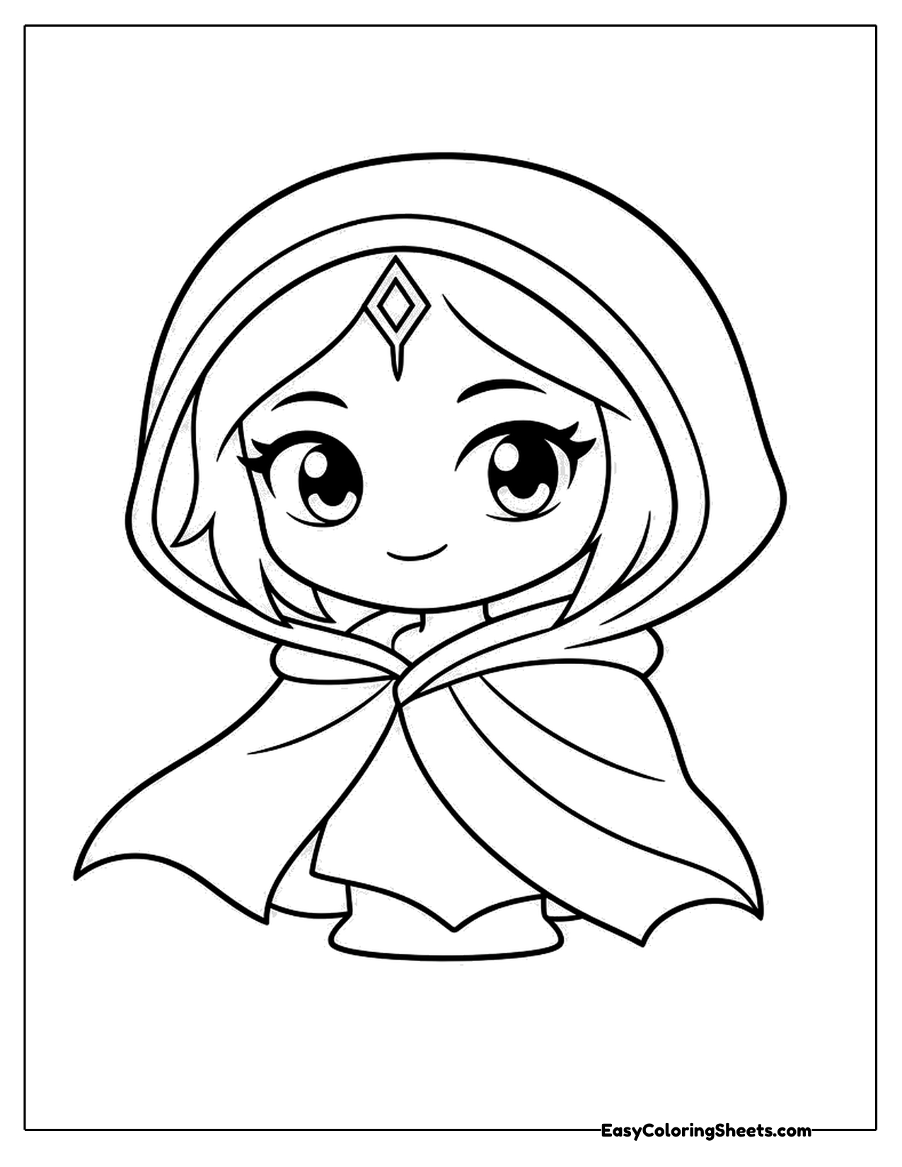Girl in a dark hooded cloak with a forehead gem