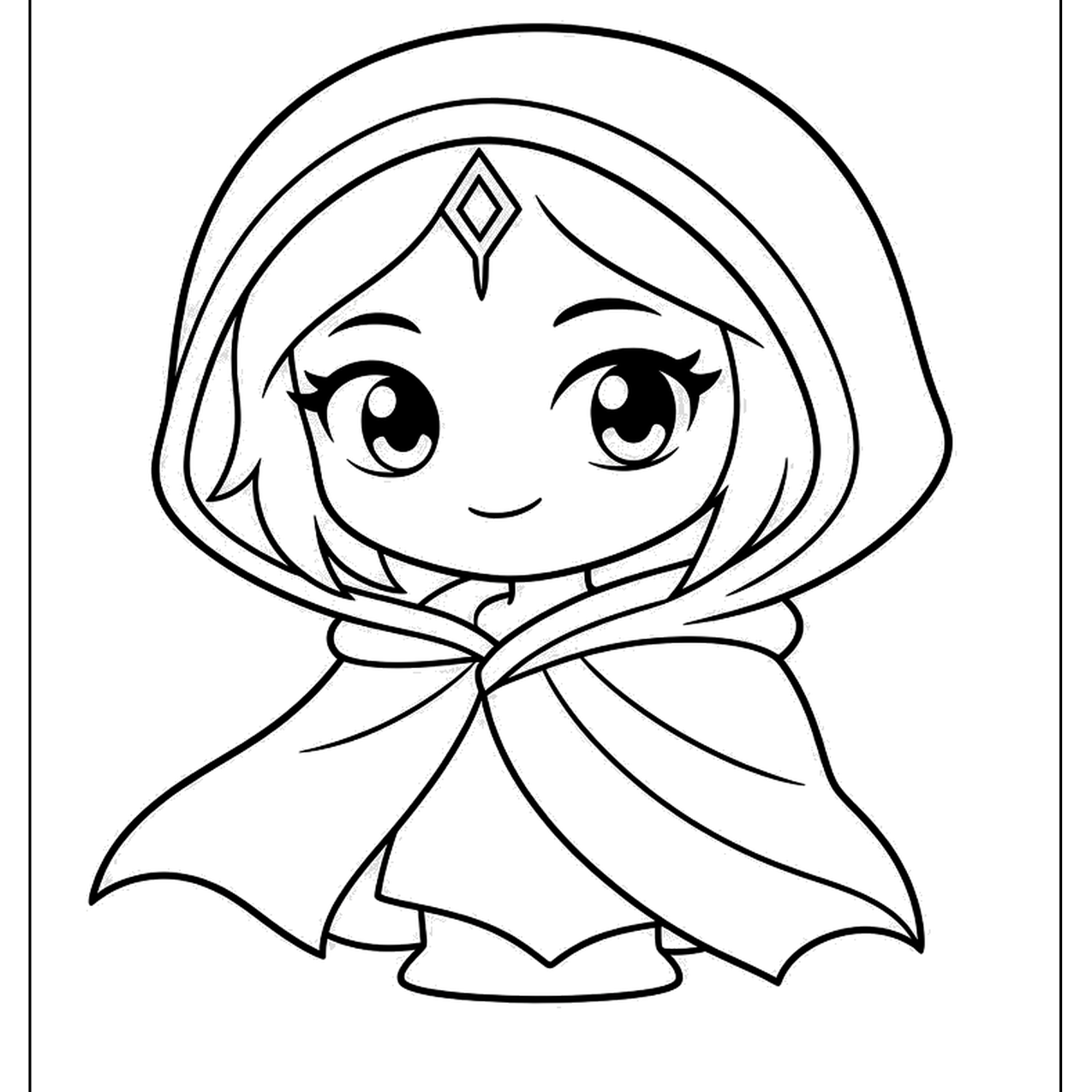 Girl in a dark hooded cloak with a forehead gem