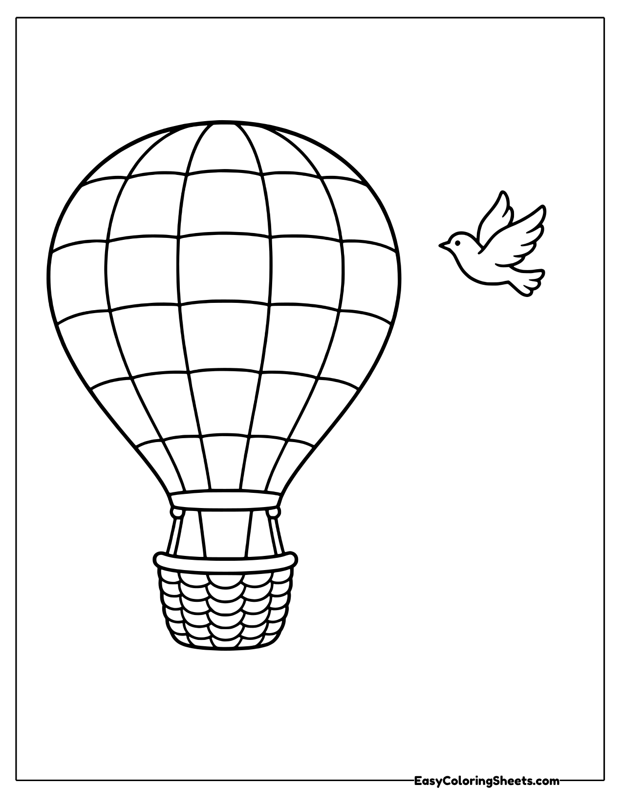 Patchwork hot air balloon with a bird flying by