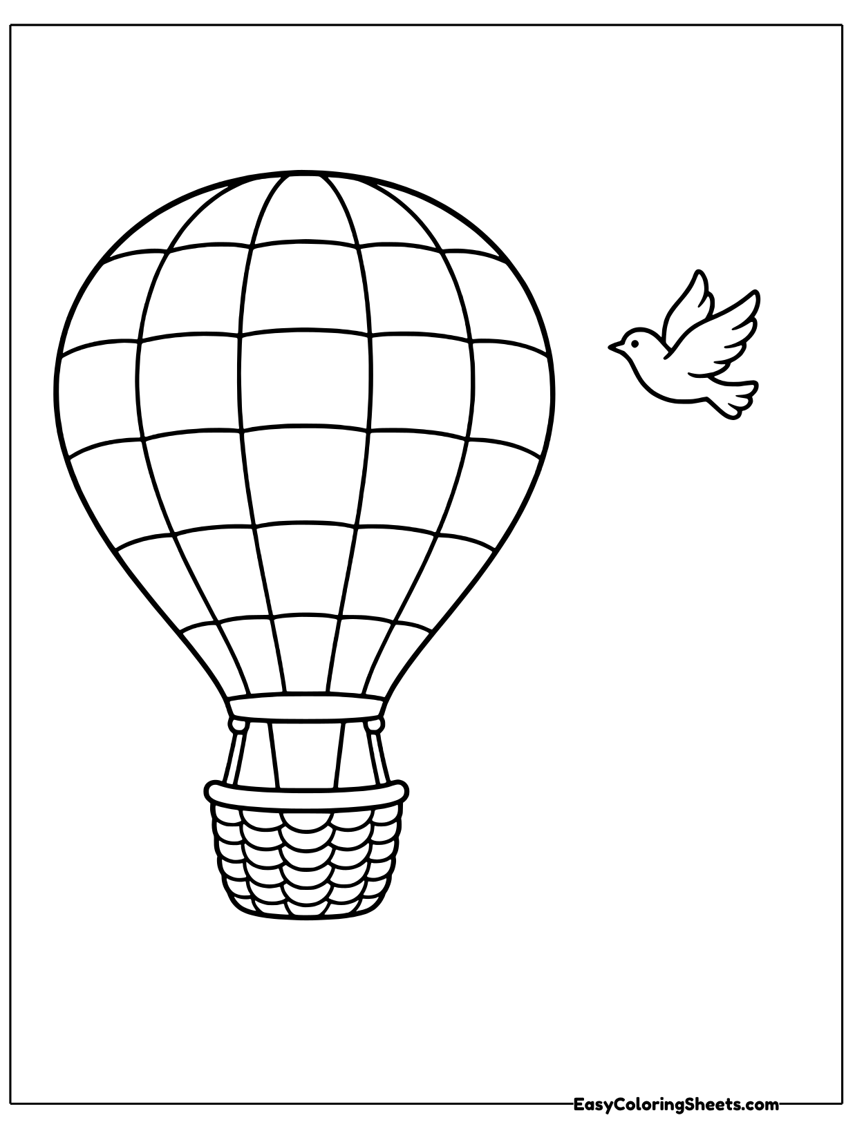 A hot air balloon made of patchwork squares floats through the sky while a small bird flies alongside.