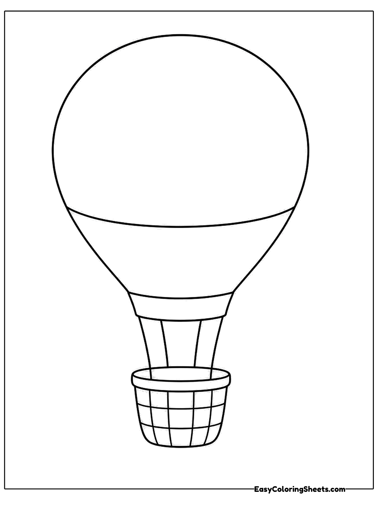 A simple hot air balloon has a smooth round top with one horizontal band and a small basket hanging below by ropes.
