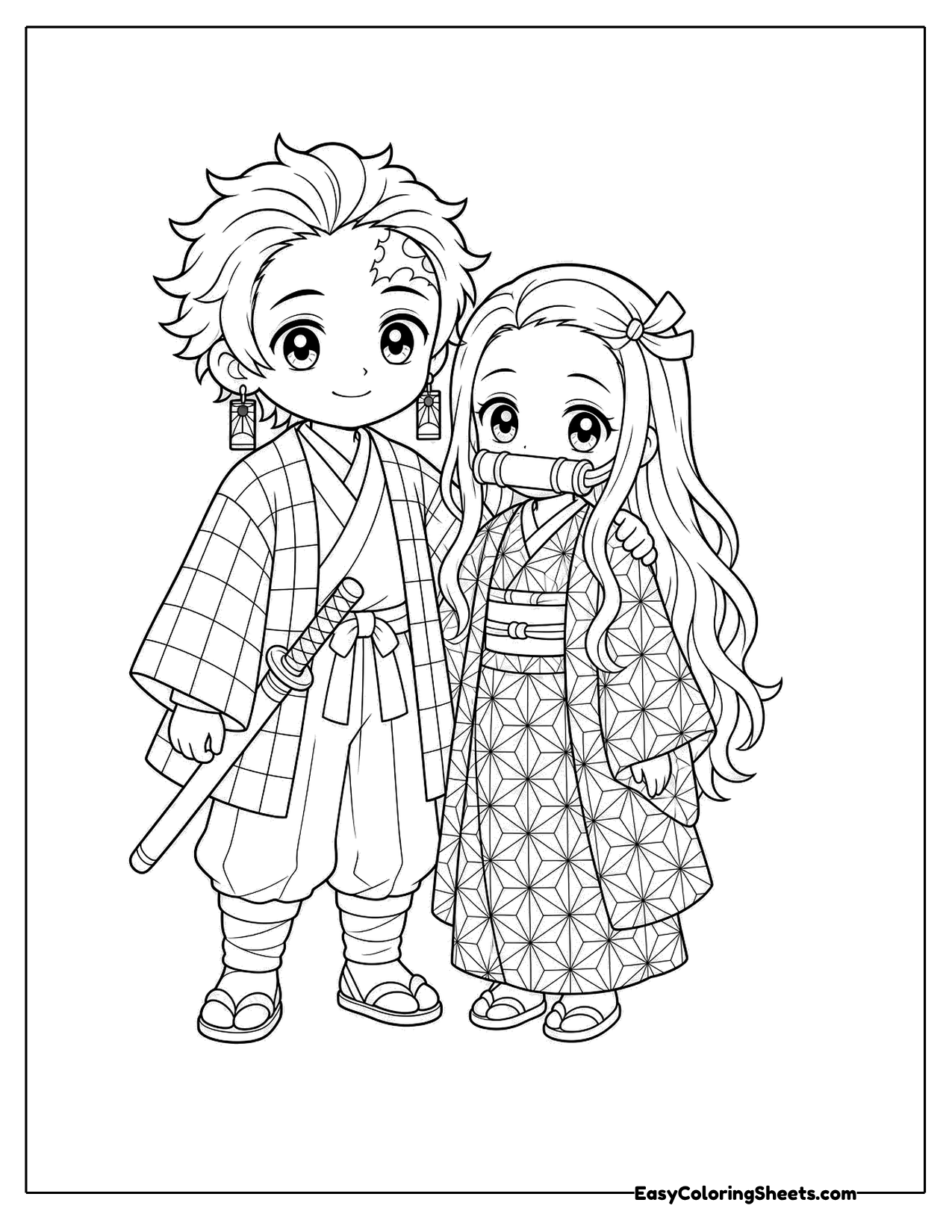 Two anime siblings in patterned kimonos