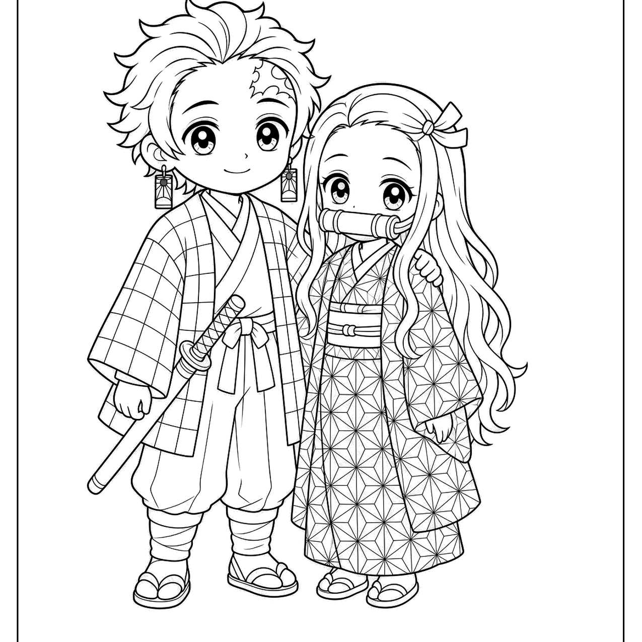 Two anime siblings in patterned kimonos