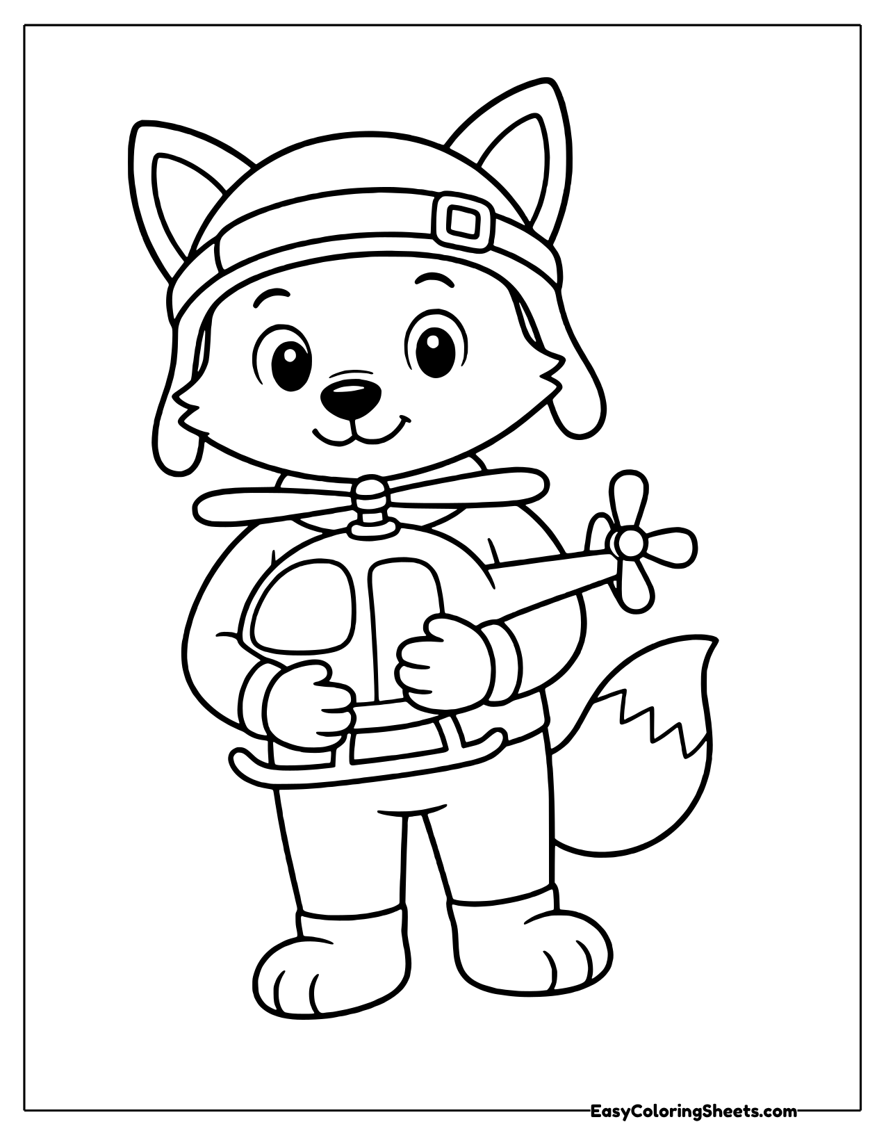 Fox in a pilot helmet and flight suit hugging a toy helicopter