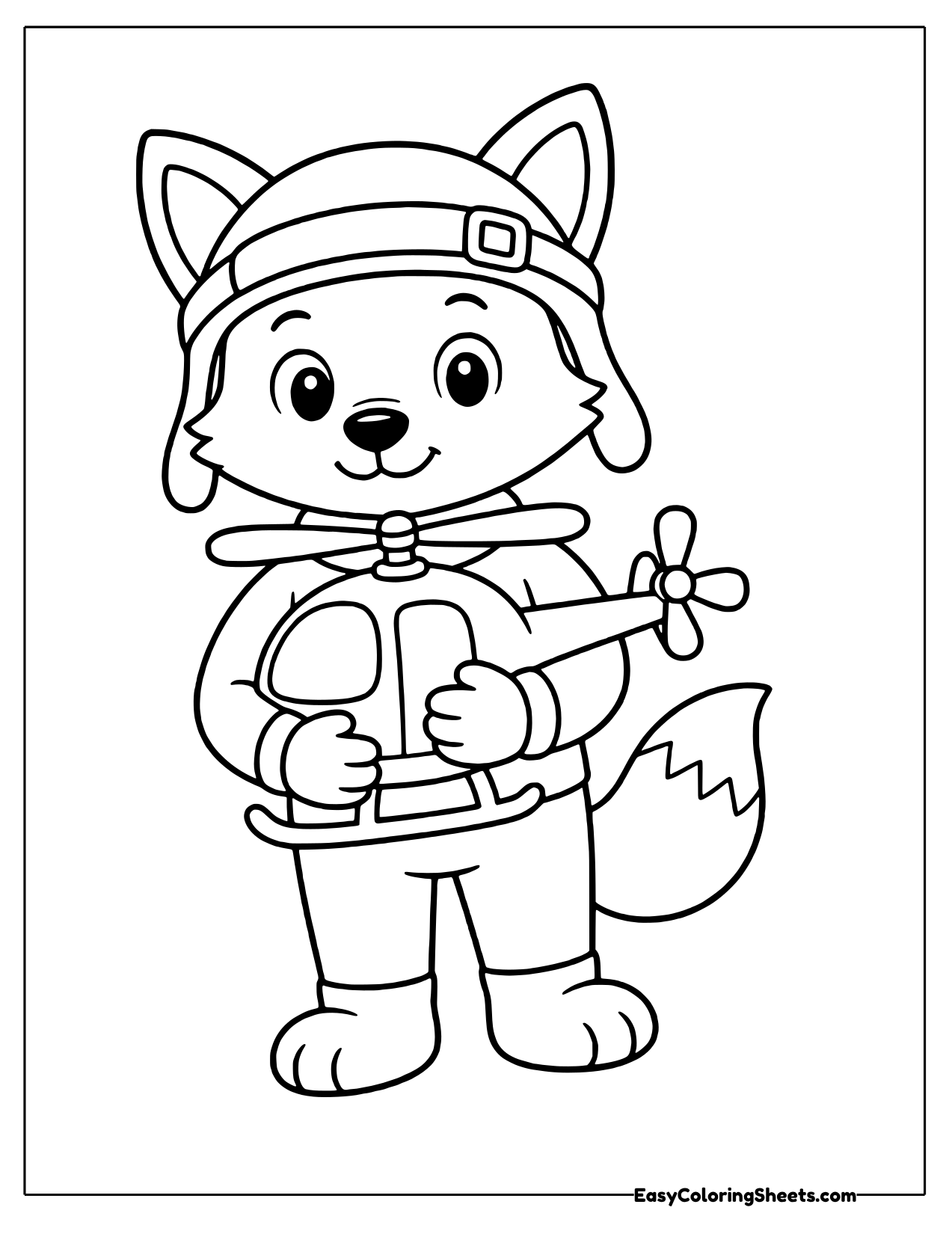 Fox in a pilot helmet and flight suit hugging a toy helicopter