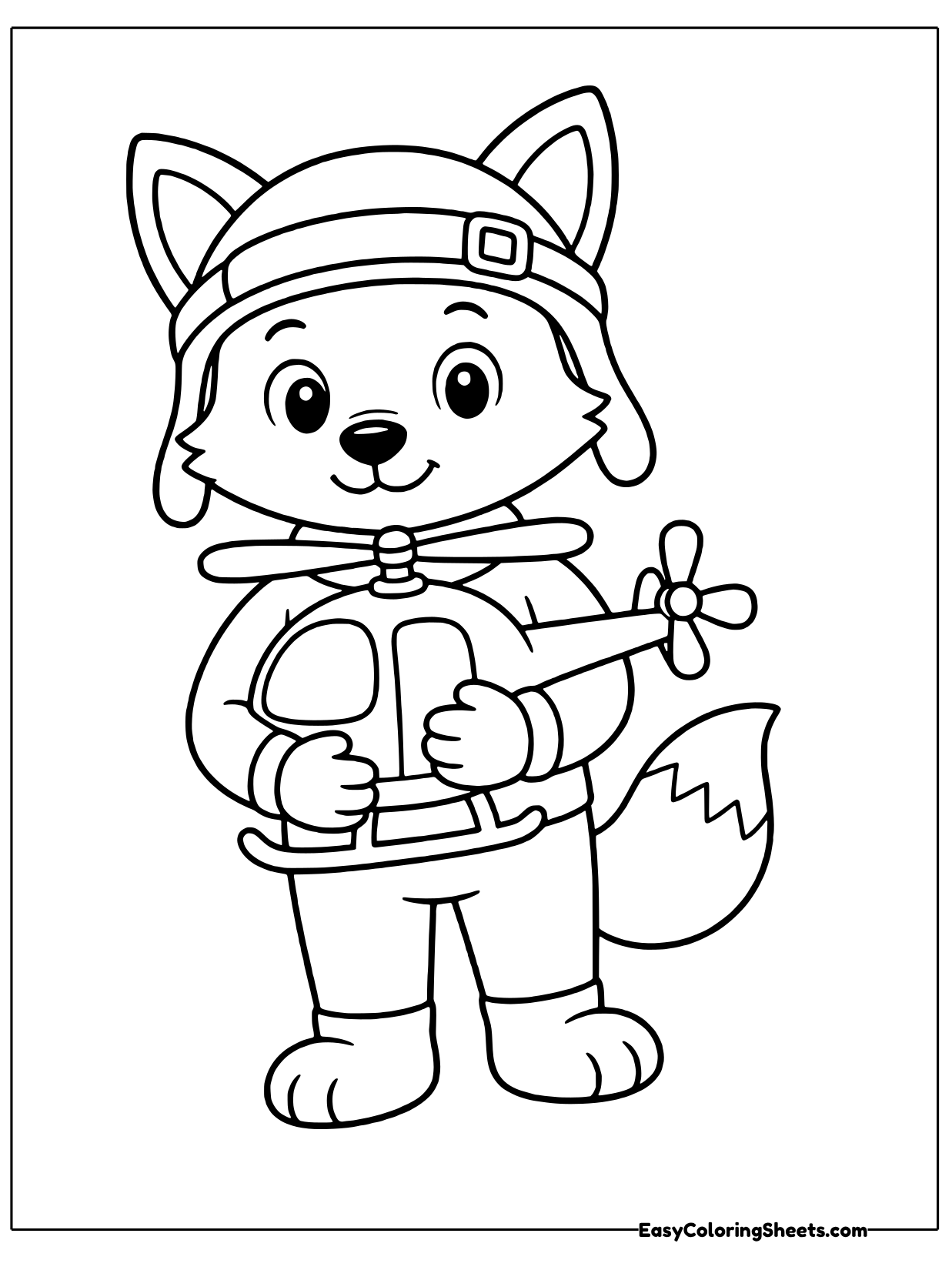 A smiling fox in a pilot helmet and flight suit hugs a toy helicopter close to its chest.