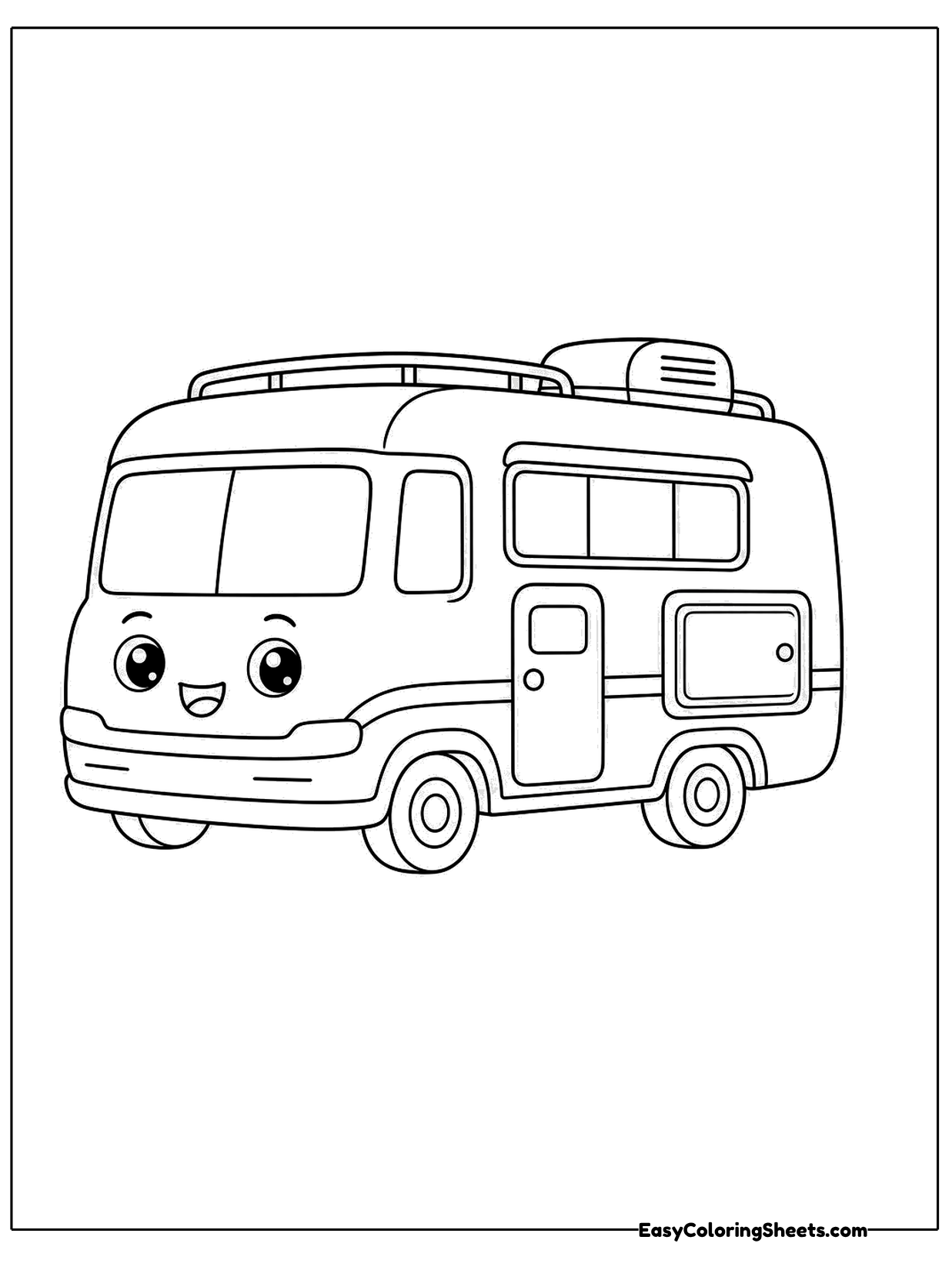A cute camper van character with big eyes and a smile on its front bumper rolls along, with windows down its side.