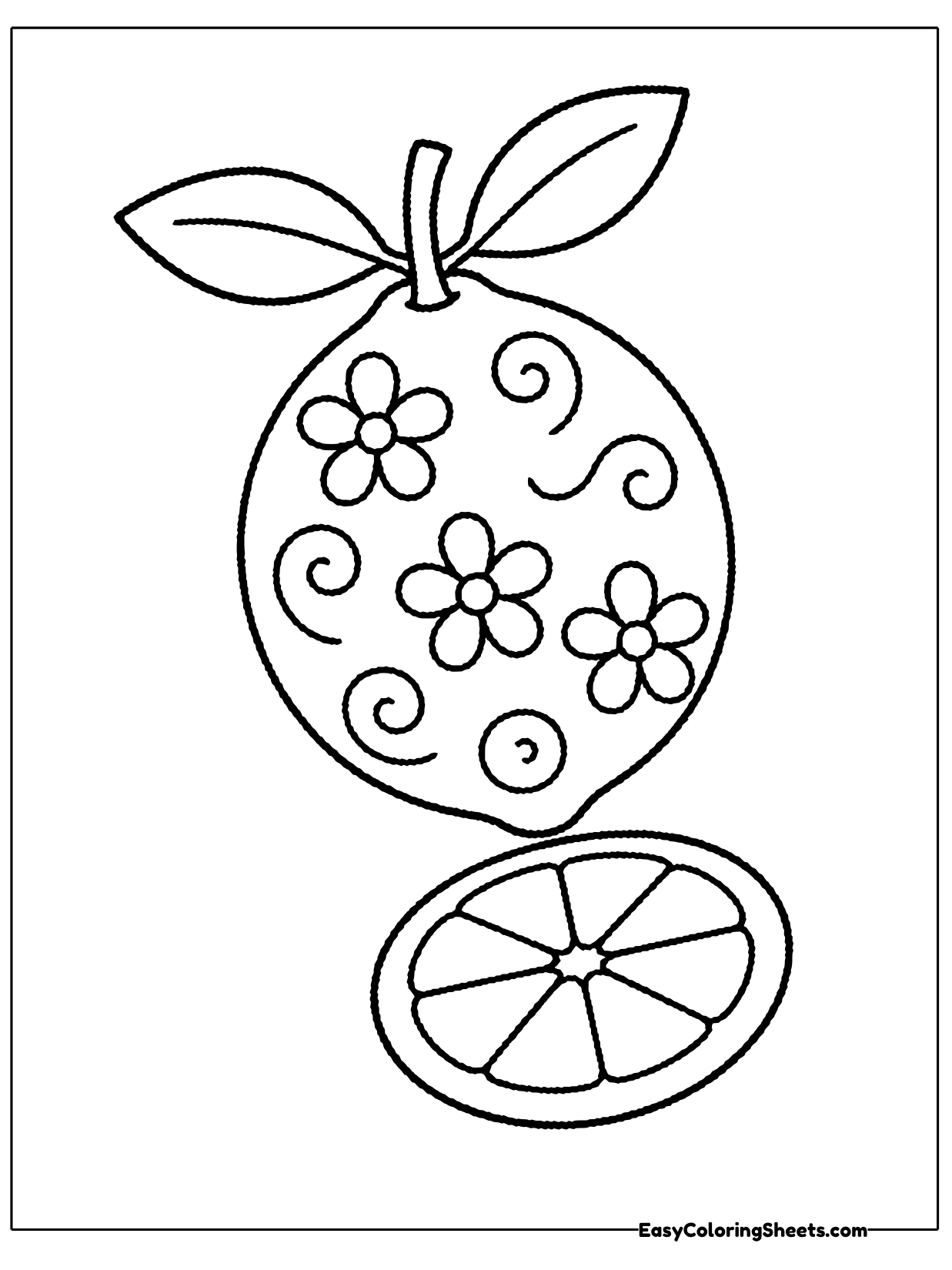 A round lemon is decorated with little flowers and swirling lines, with a lemon slice resting below it.