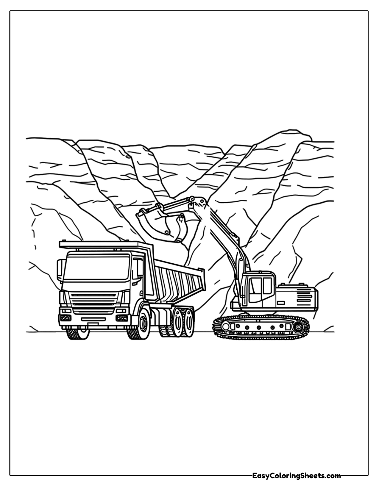 Excavator filling a dump truck at a quarry