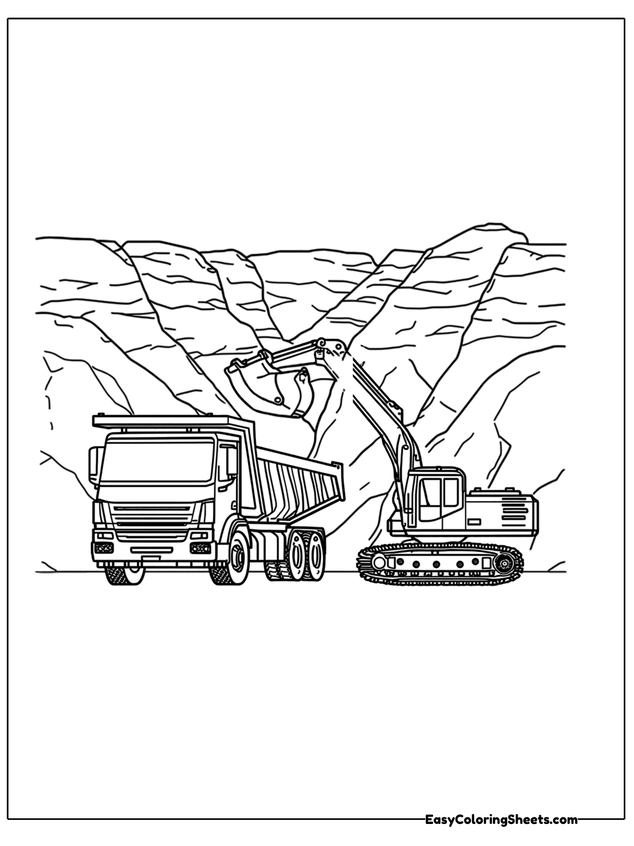 An excavator fills a dump truck at a rocky quarry with tall cliffs behind them.
