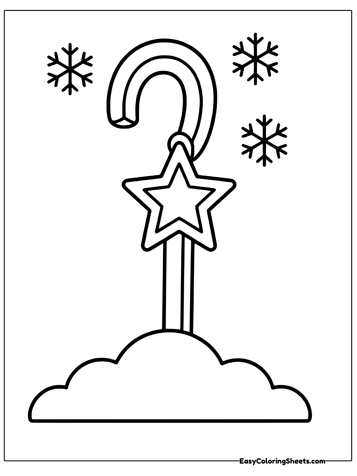 A candy cane stands on a puffy snow cloud with a star hanging from its hook and snowflakes floating around.