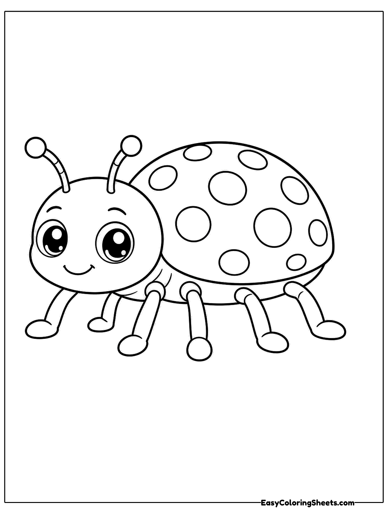 A friendly ladybug with a dome shell covered in round dots smiles with big eyes and springy antennae.