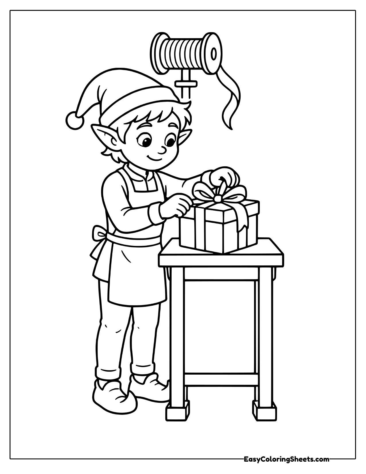 Elf wrapping a present at a table