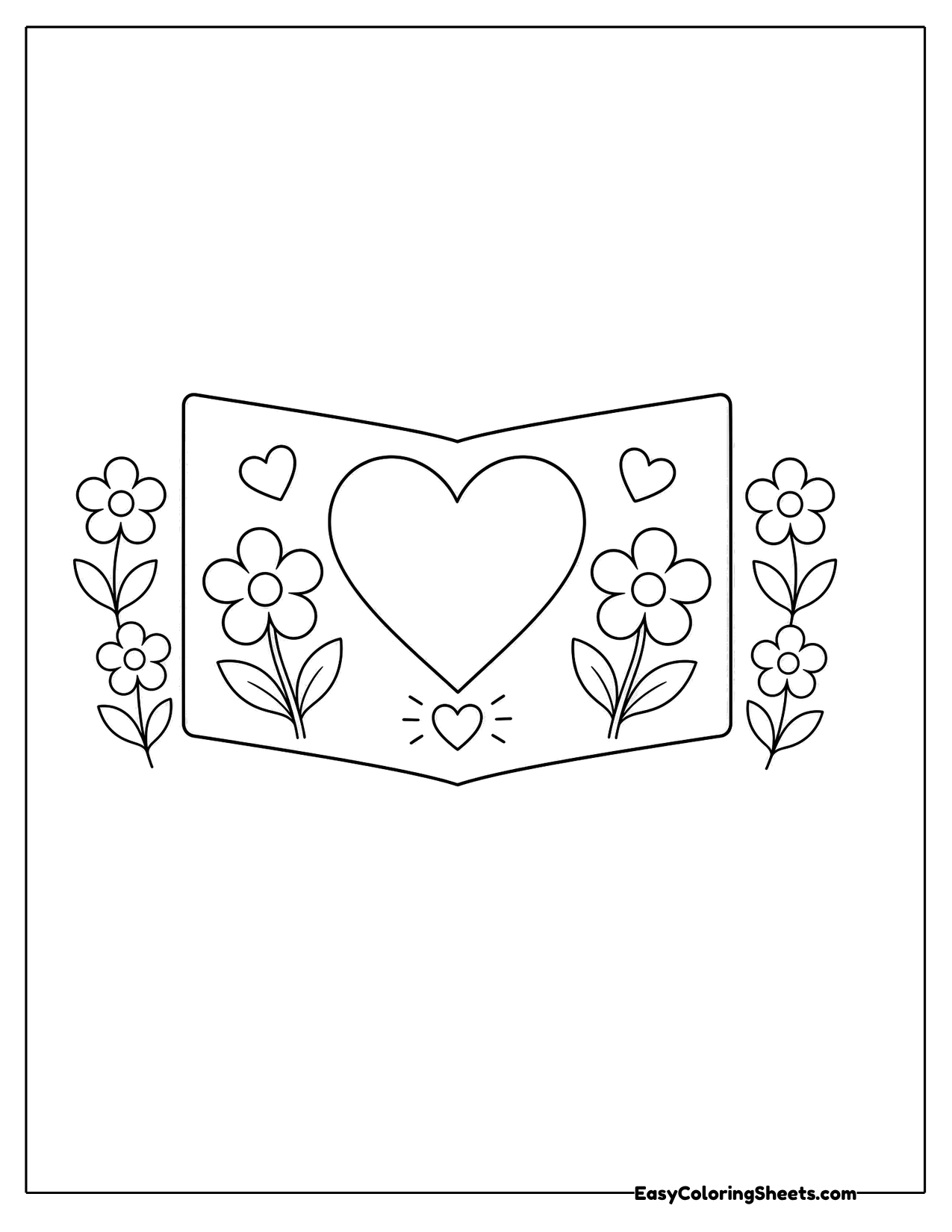 Folded valentine card with a big heart and flowers