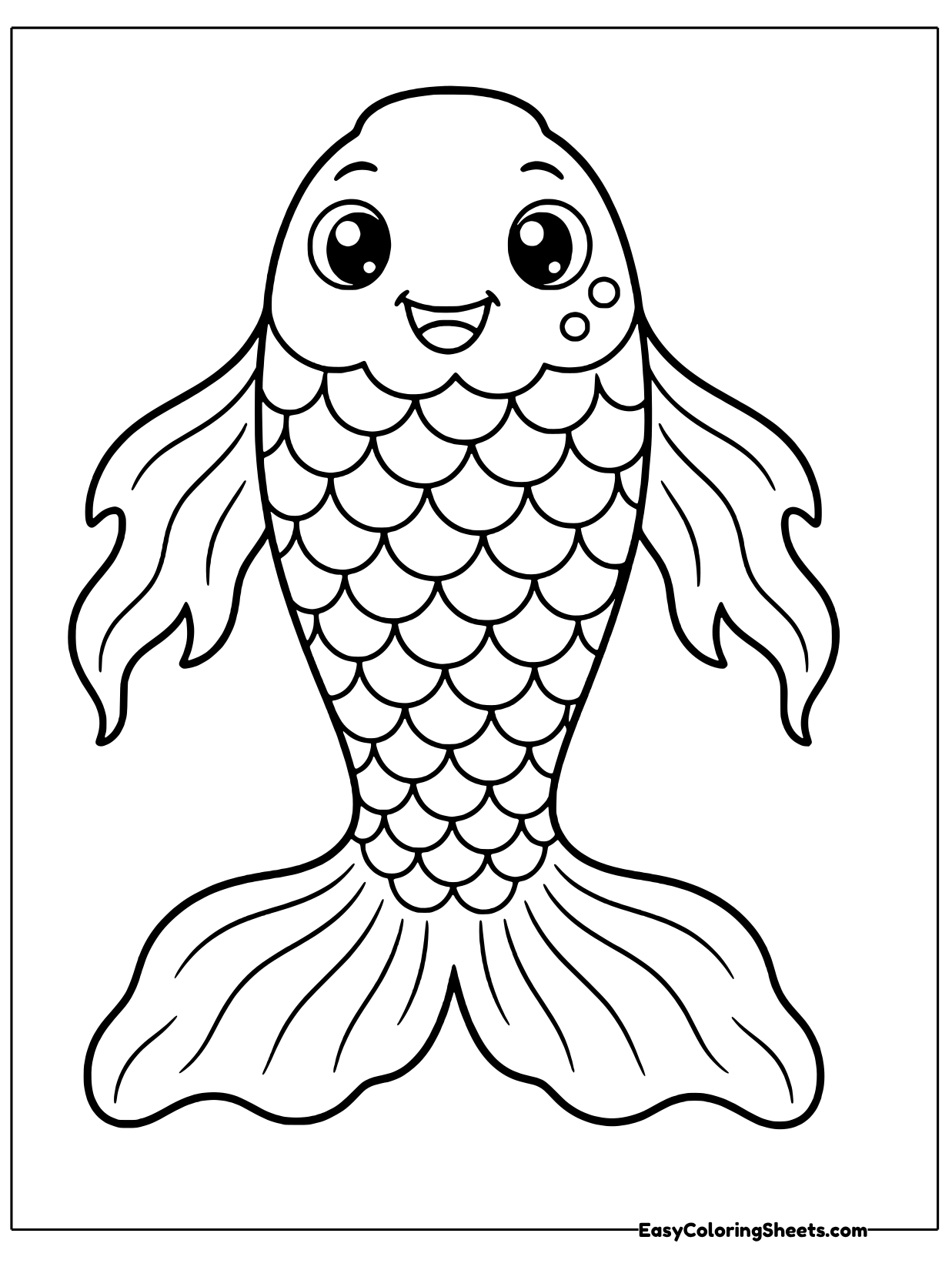 A cheerful koi with a big smile shows rows of rounded scales and a broad fanned tail.