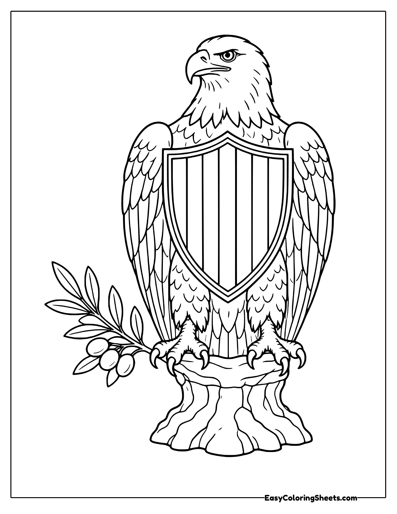 Bald eagle perched on a stump with a striped shield and an olive branch