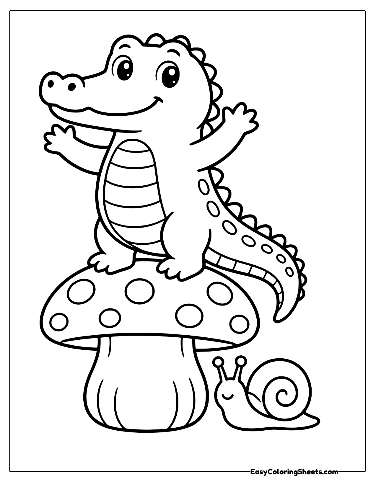 Crocodile waving from a spotted mushroom