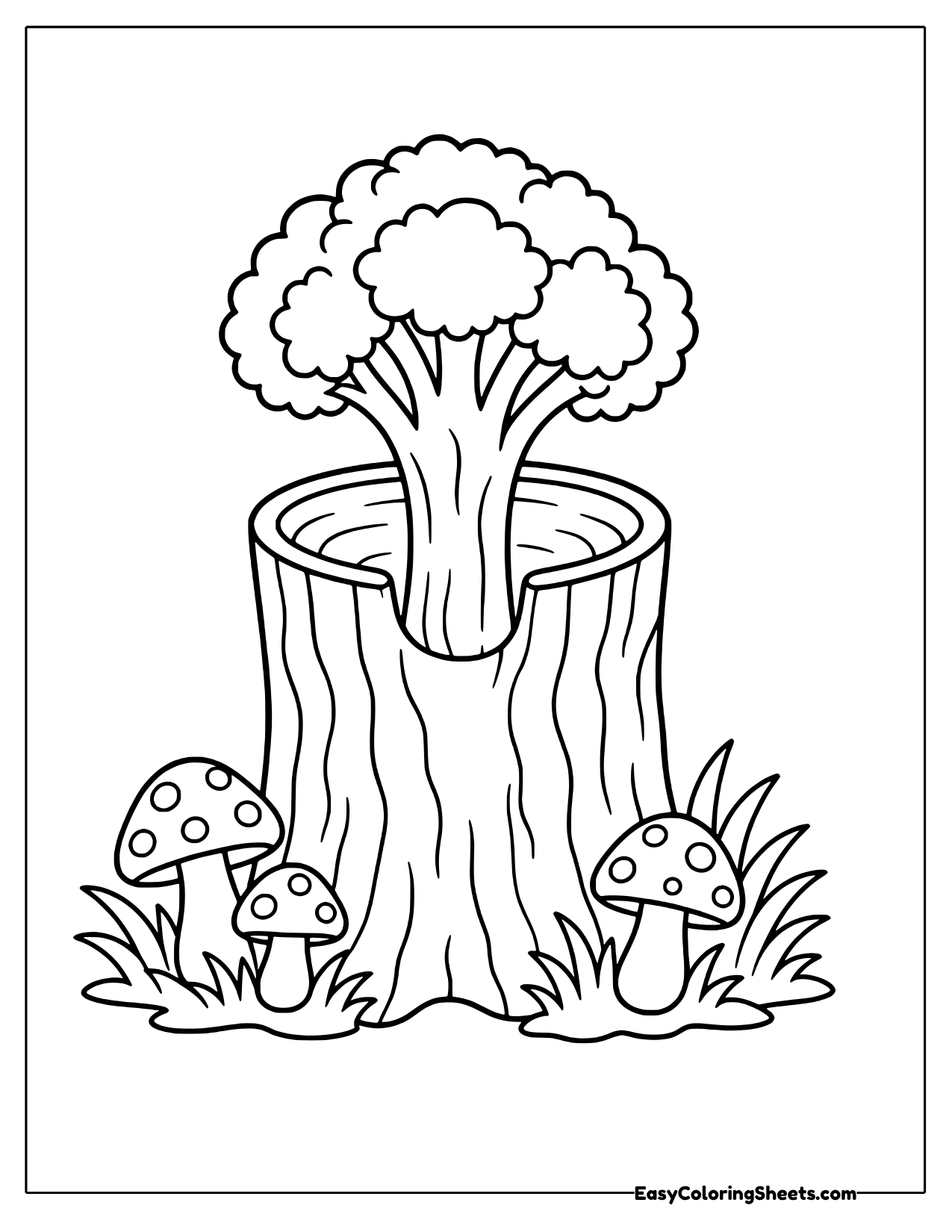 Broccoli growing from a hollow log with mushrooms