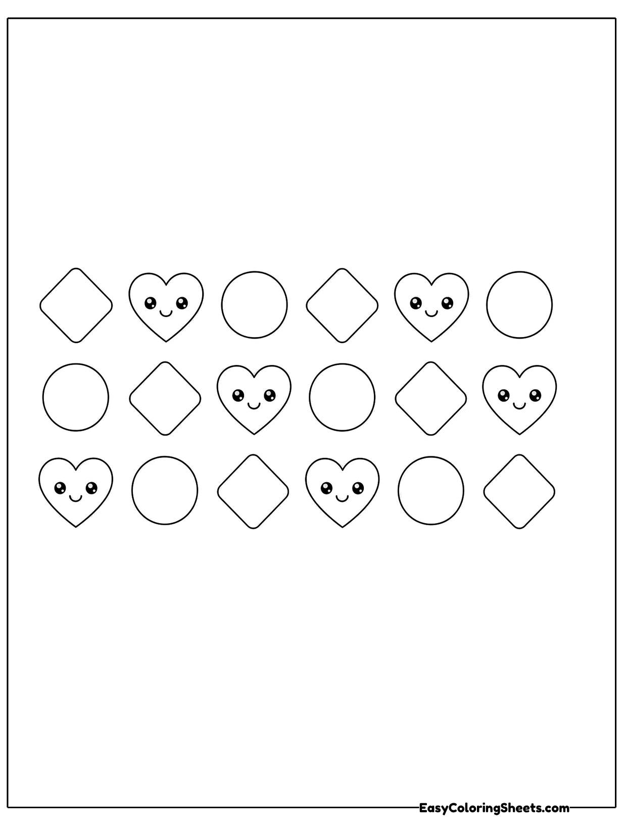 Rows of diamonds, circles and smiling hearts repeat in a simple grid.